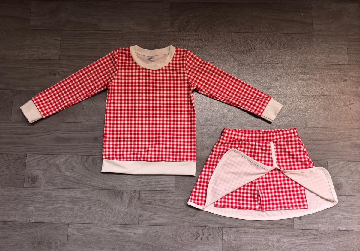 (Sample) No moq yoga fabric GLD1797（GT1921+GLK0340）Yoga Baby Boys Red Checked Long Sleeve Top Skirt Short Yoga Active Clothes Set Casual  Wear