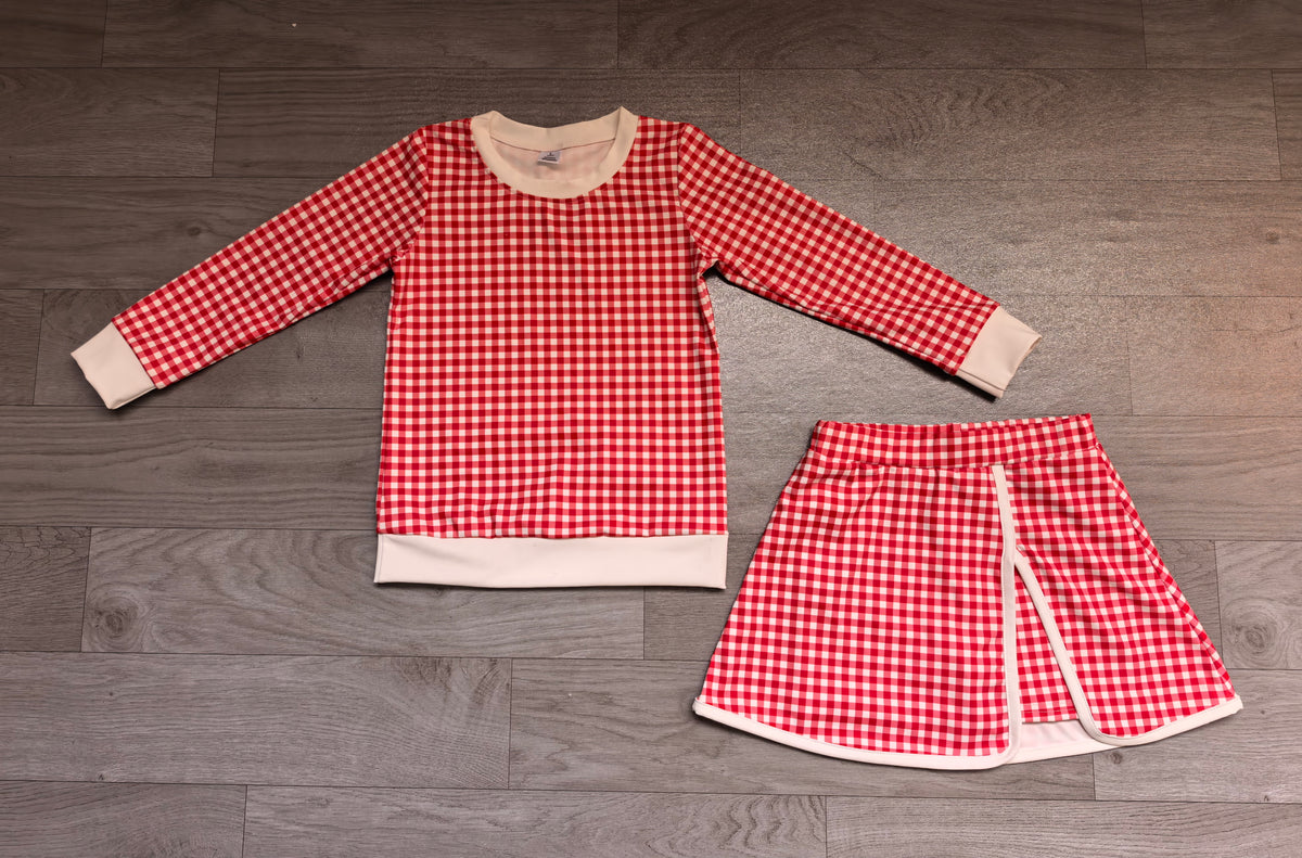 (Sample) No moq yoga fabric GLD1797（GT1921+GLK0340）Yoga Baby Boys Red Checked Long Sleeve Top Skirt Short Yoga Active Clothes Set Casual  Wear
