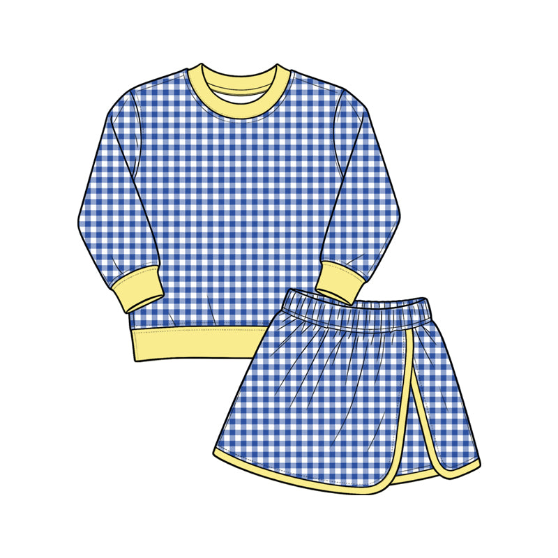 (Preorder new) No moq Yoga Baby Girls Plaid Long Sleeve Sweatshirt And Contrast Trim Wrap Skort Fall Casual Clothes Set