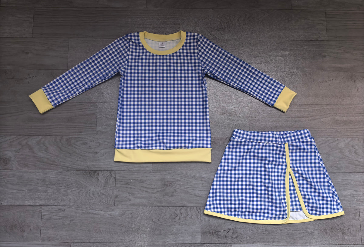 (Sample) No moq yoga fabric GLD1798（GT1922+GLK0341）Yoga Baby Girls Blue Checked Long Sleeve Top Skirt Short Yoga Active Clothes Set Casual  Wear