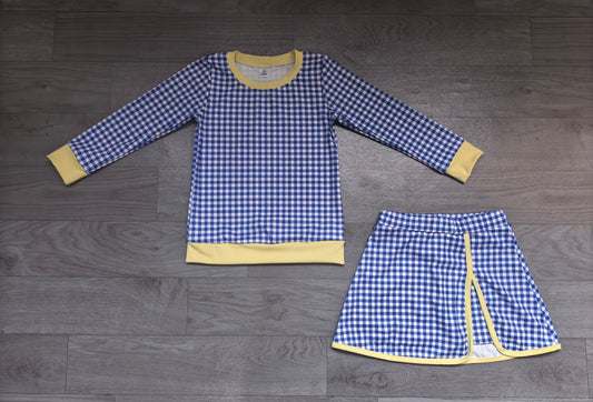 (Sample) No moq yoga fabric GLD1798（GT1922+GLK0341）Yoga Baby Girls Blue Checked Long Sleeve Top Skirt Short Yoga Active Clothes Set Casual  Wear