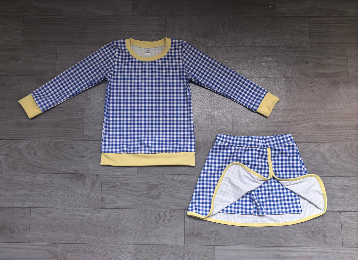 (Sample) No moq yoga fabric GLD1798（GT1922+GLK0341）Yoga Baby Girls Blue Checked Long Sleeve Top Skirt Short Yoga Active Clothes Set Casual  Wear
