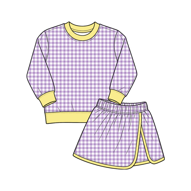 (Preorder new) No moq Yoga Baby Girls Plaid Long Sleeve Sweatshirt And Contrast Trim Wrap Skort Fall Casual Clothes Set