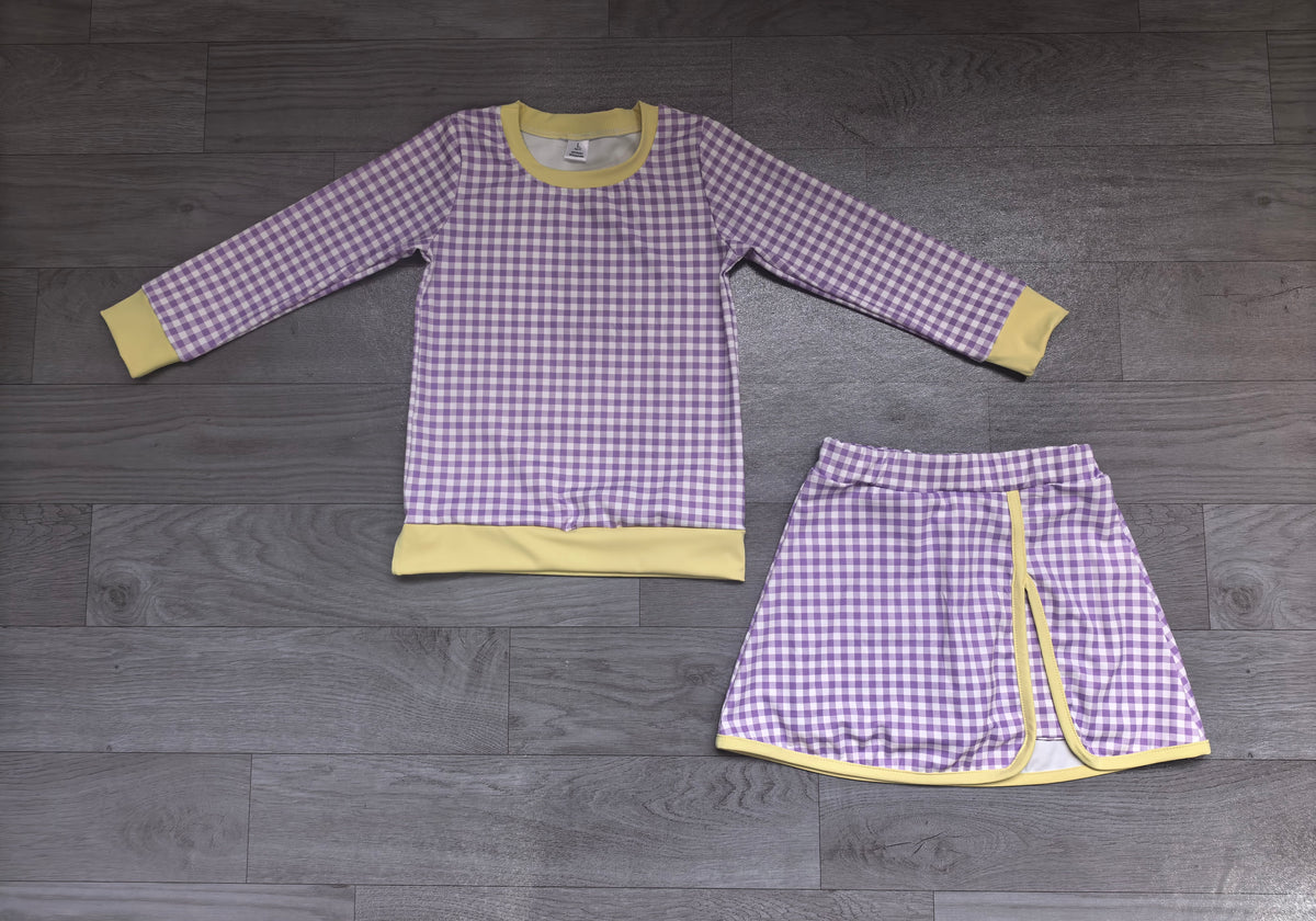 (Sample) No moq yoga fabric GLD1799（GT1923+GLK0342）Yoga Baby Girls Purple Checked Long Sleeve Top Skirt Short Yoga Active Clothes Set Casual  Wear