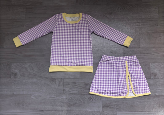 (Sample) No moq yoga fabric GLD1799（GT1923+GLK0342）Yoga Baby Girls Purple Checked Long Sleeve Top Skirt Short Yoga Active Clothes Set Casual  Wear
