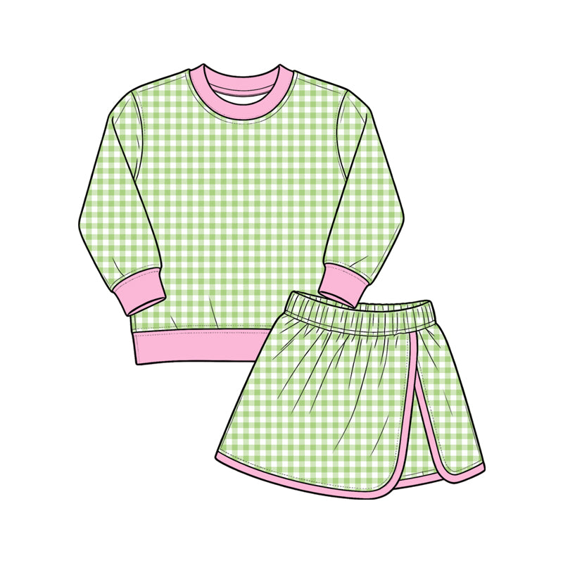 (Preorder new) No moq Yoga Baby Girls Plaid Long Sleeve Sweatshirt And Contrast Trim Wrap Skort Fall Casual Clothes Set