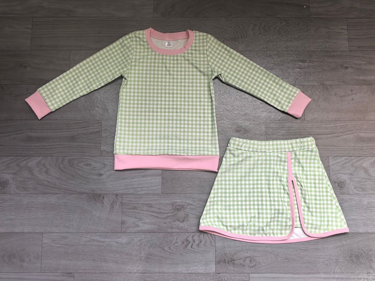 (Sample) No moq yoga fabric GLD1800（GT1924+GLK0343）Yoga Baby Girls Green Checked Long Sleeve Top Skirt Short Yoga Clothes Set