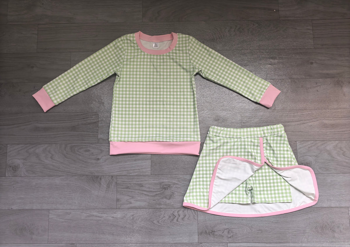 (Sample) No moq yoga fabric GLD1800（GT1924+GLK0343）Yoga Baby Girls Green Checked Long Sleeve Top Skirt Short Yoga Clothes Set