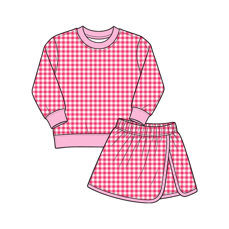 (Preorder new) No moq Yoga Baby Girls Plaid Long Sleeve Sweatshirt And Contrast Trim Wrap Skort Fall Casual Clothes Set