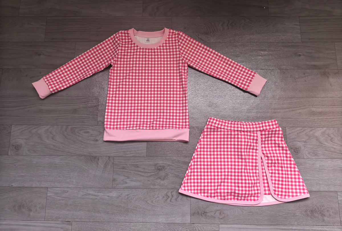 (Sample) No moq yoga fabric GLD1801（GT1925+GLK0344）Yoga Baby Girls Pink Checked Long Sleeve Top Skirt Short Yoga Set Casual  Wear
