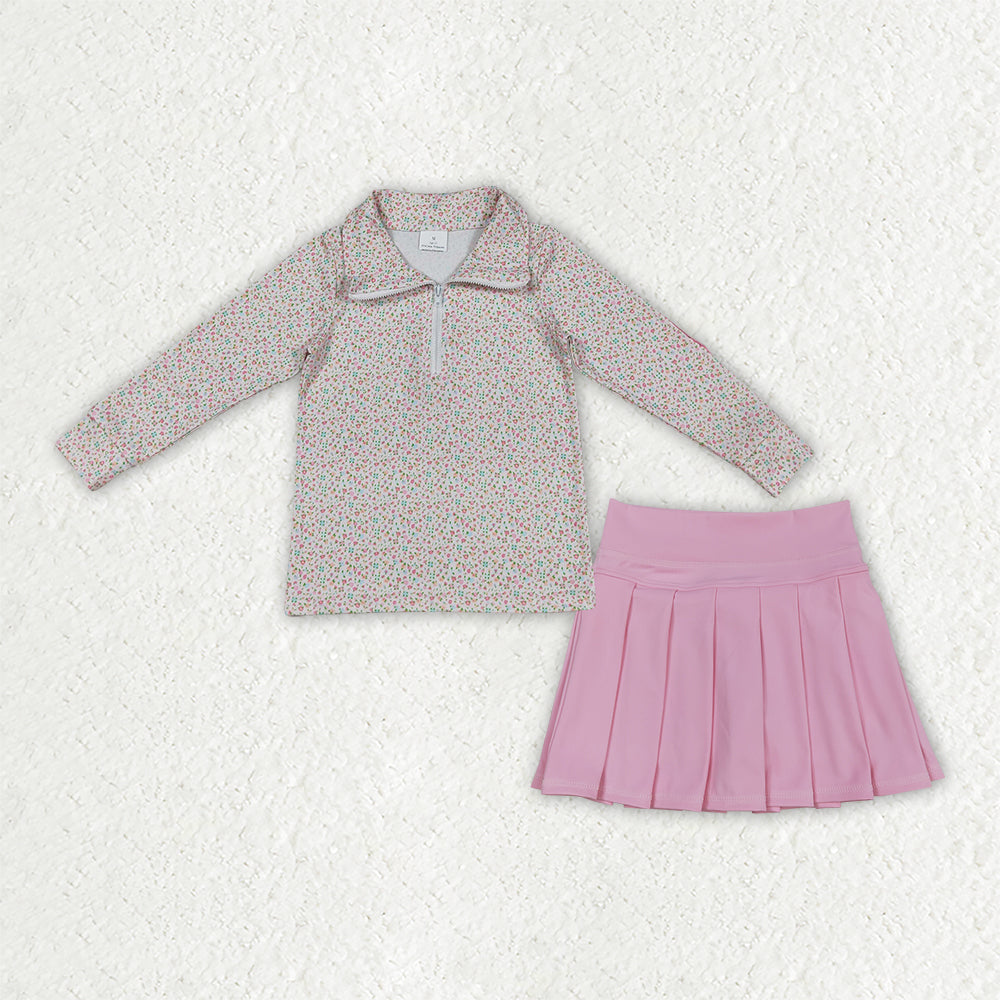NEW RTS NO MOQ yoga fabric GLD1814（GT1145+GLK0088）Yoga Baby Girls Ditsy Floral Half Zip Collar Long Sleeve Top And Pink Pleated Skirt Fall Clothes Set