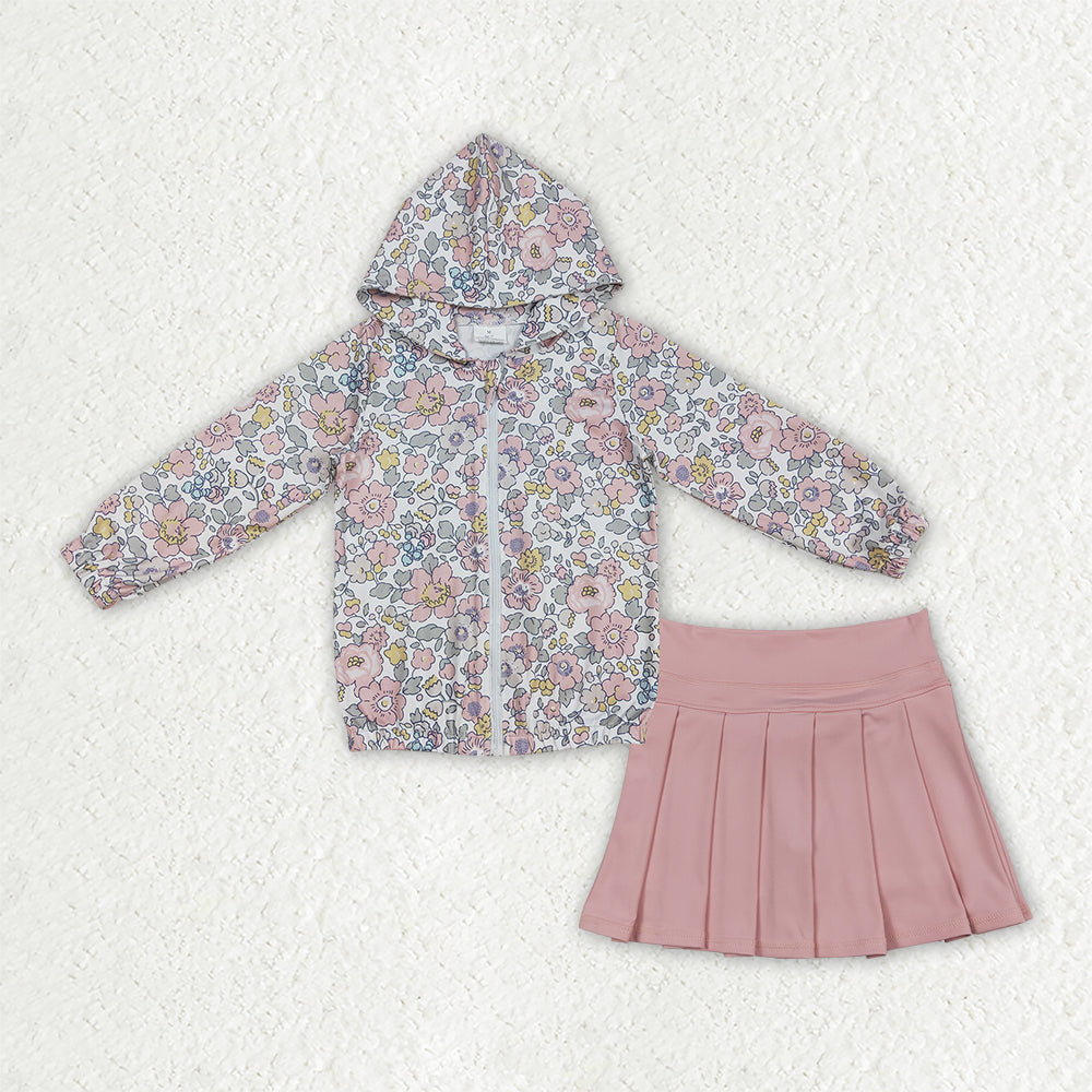 NEW RTS NO MOQ yoga fabric GLD1815（GT0914+GLK0078）Yoga Baby Girls Floral Print Full Zip Hooded Jacket And Pink Pleated Skirt Fall Clothes Set