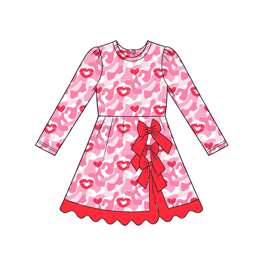 (Preorder new) No moq Baby Girls Pink Heart Camo Print Mock Neck Long Sleeve Romper And Bow Scallop Hem Dress