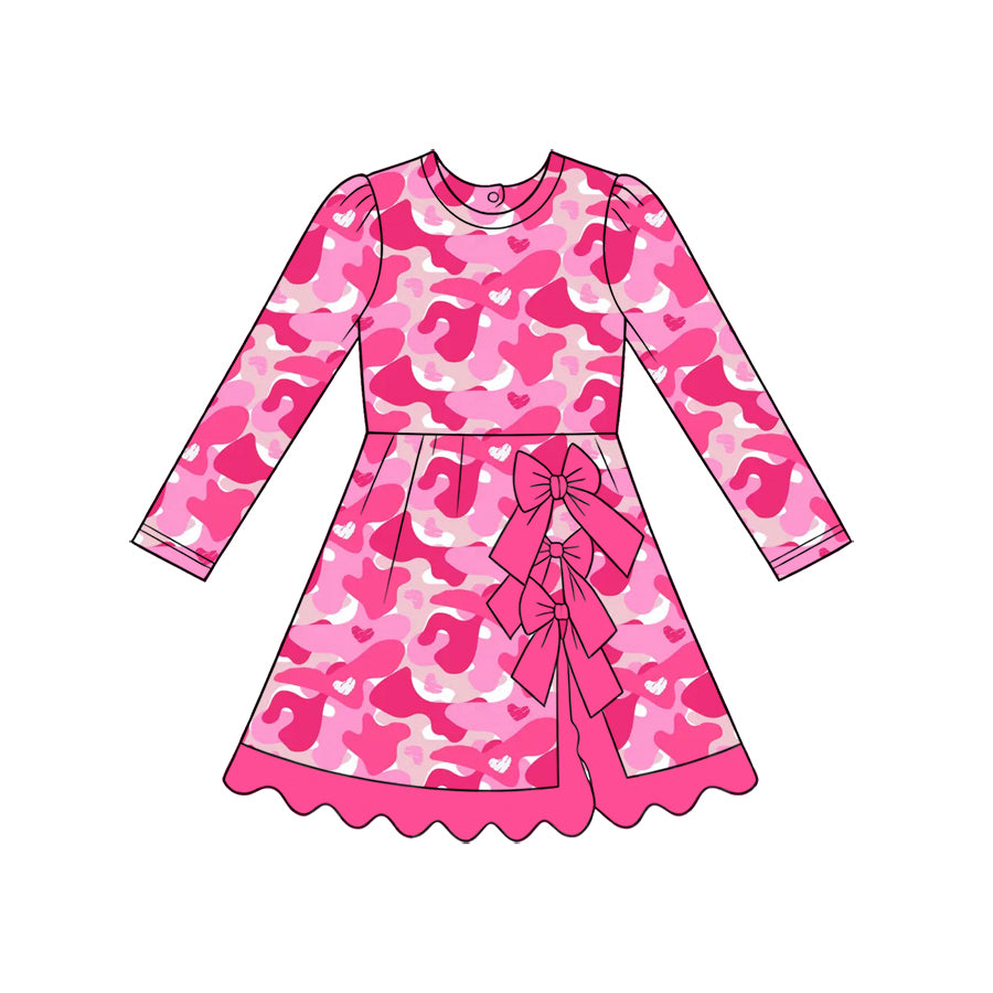 (Preorder new) No moq Baby Girls Pink Heart Camo Print Mock Neck Long Sleeve Romper And Bow Scallop Hem Dress