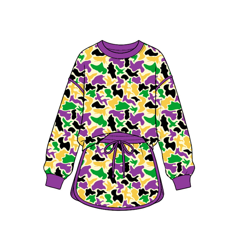 (Preorder new) No moq Baby Girls Camo Print Outfit Set Purple Green Gold Camouflage Hoodie Ruffle Flare Pants Girls Ruffle Sleeve Top Skirt Matching Clothes
