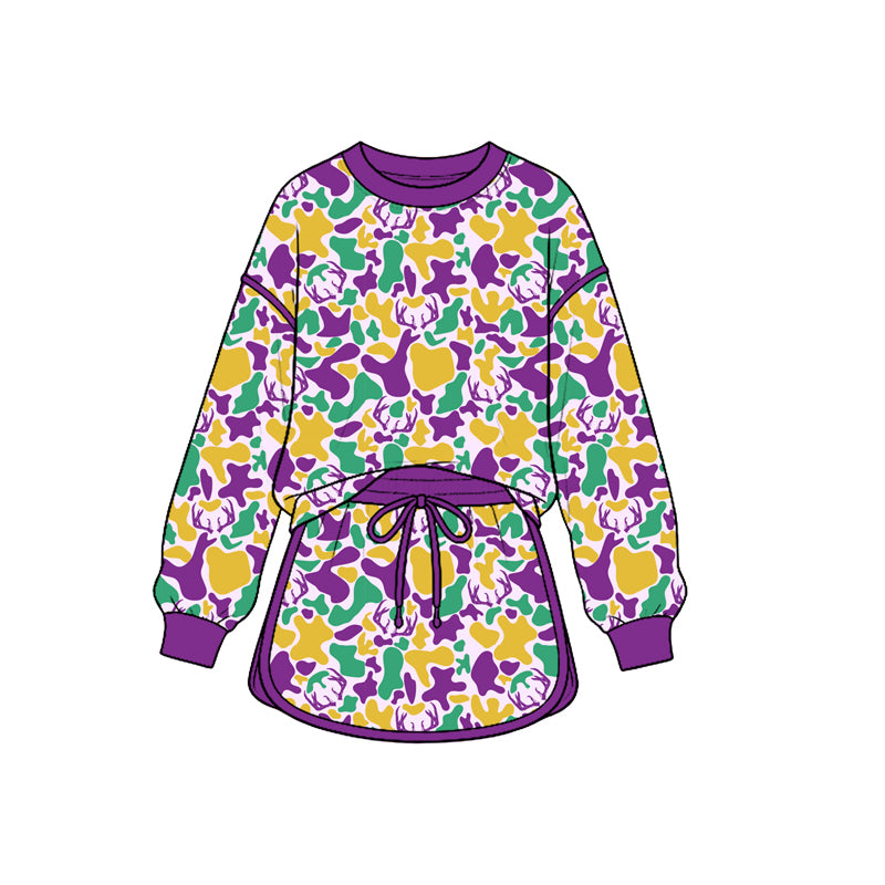 (Preorder new) No moq Baby Girls Camo Print Outfit Set Purple Green Gold Camouflage Hoodie Ruffle Flare Pants Ruffle Sleeve Top Skirt Clothes