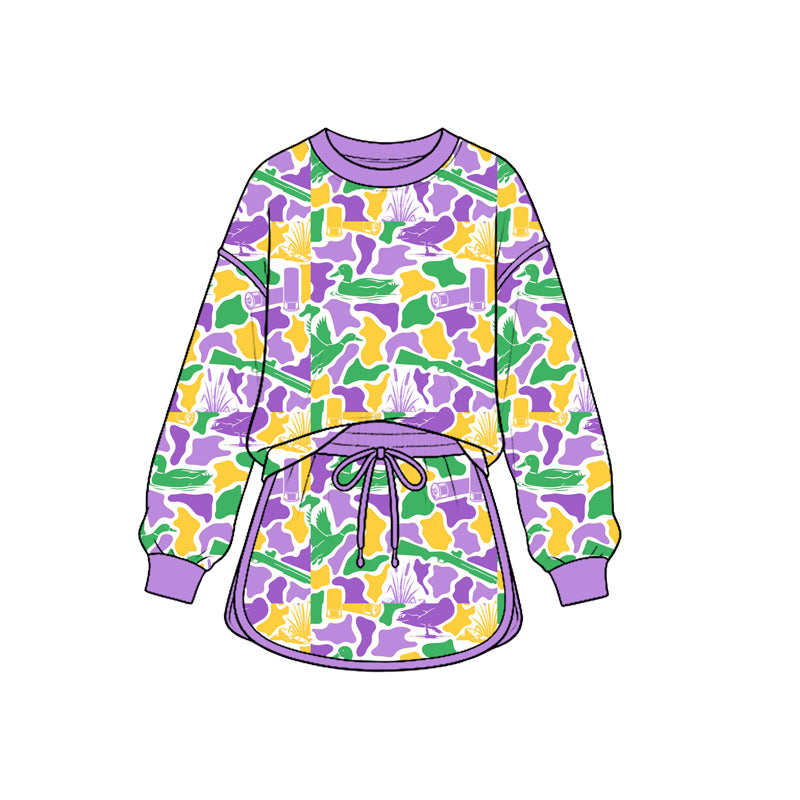 (Preorder new) No moq Baby Girls Camo Print Outfit Set Purple Green Gold Duck Camouflage Hoodie Ruffle Flare Pants Ruffle Sleeve Top Skirt Outfit