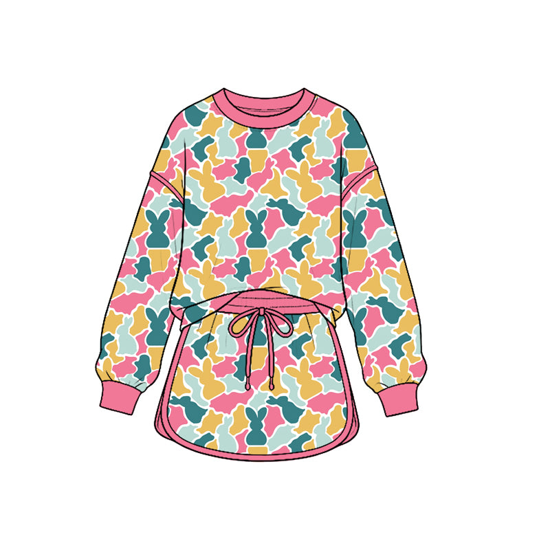 (Preorder new) No moq Baby Girls Easter Bunny Camo Print Outfit Set Pink Green Gold Rabbit Camouflage Hoodie Ruffle Flare Pants Ruffle Sleeve Top Skirt Matching Spring Clothes