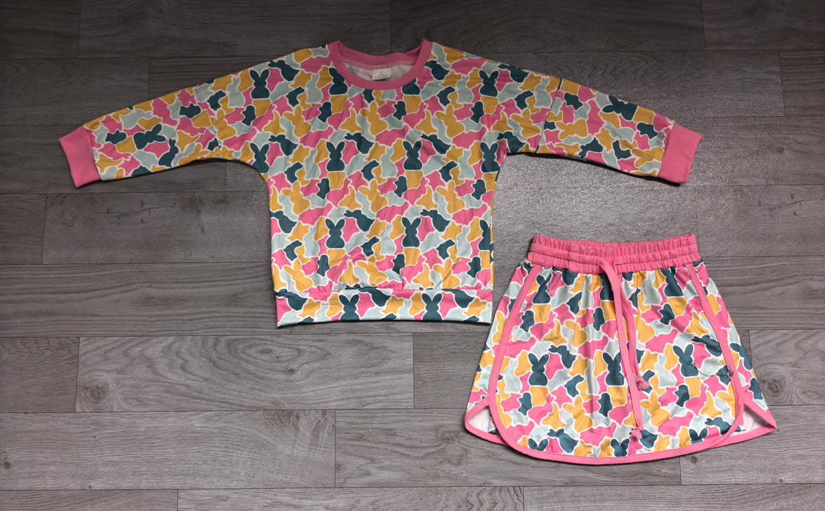 (Sample) No moq milk silk GLD1825 Baby Girls Rabbits Camo Print Long Sleeve Top Short Skirt Casual Easter Outfit Set