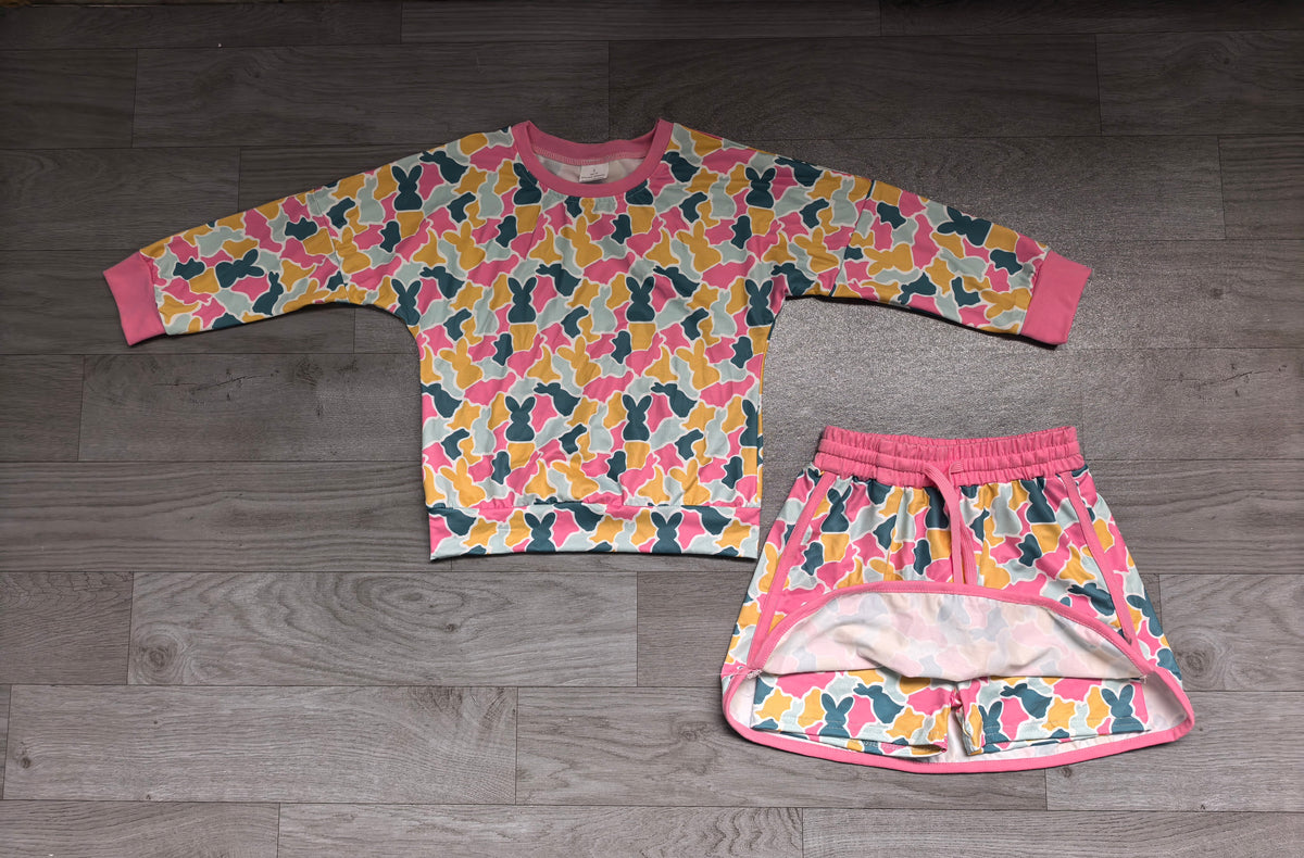 (Sample) No moq milk silk GLD1825 Baby Girls Rabbits Camo Print Long Sleeve Top Short Skirt Casual Easter Outfit Set