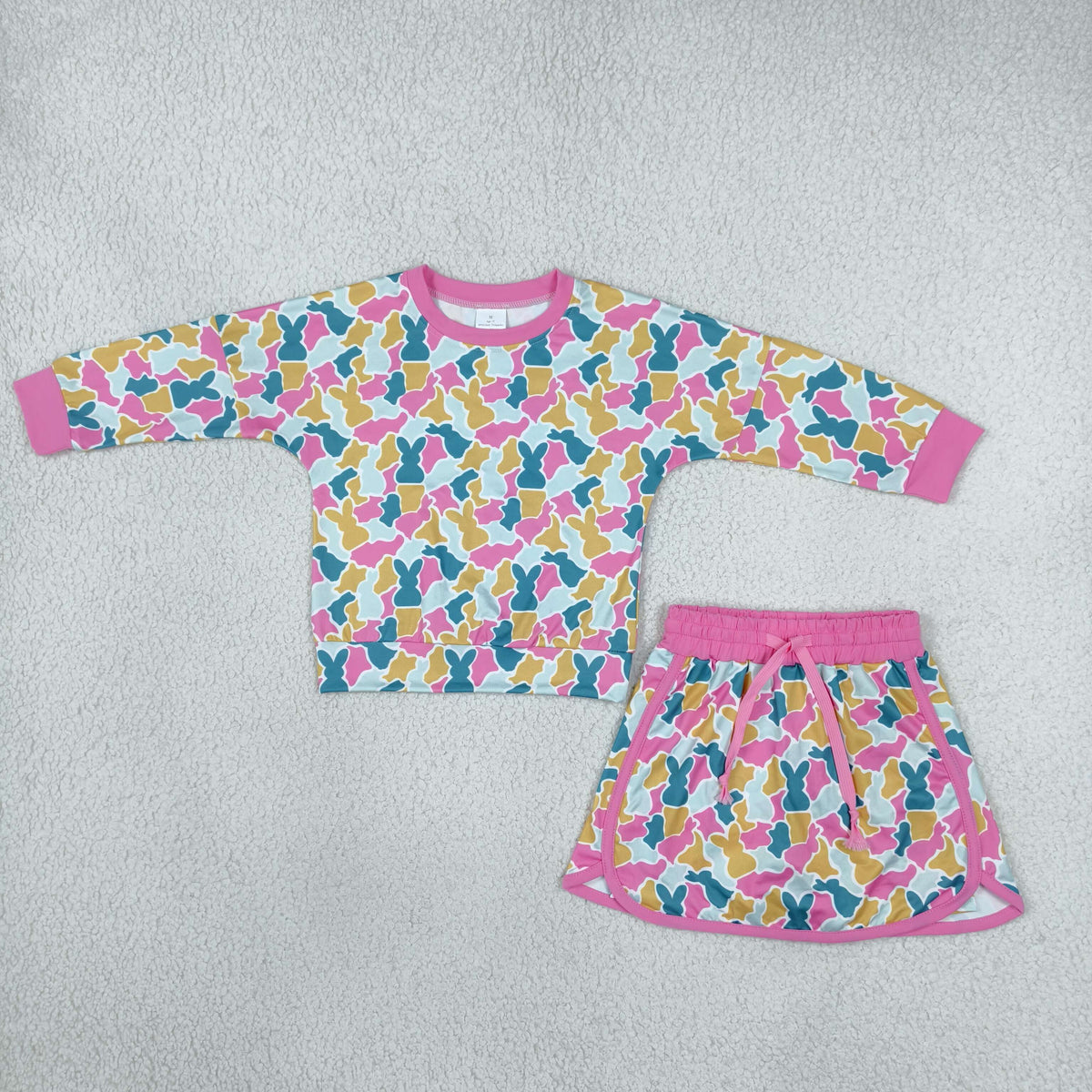 NEW RTS NO MOQ milk silk GLD1825 Baby Girls Cute Easter Bunny Camo Long Sleeve Top Skort Outfit Clothes Set