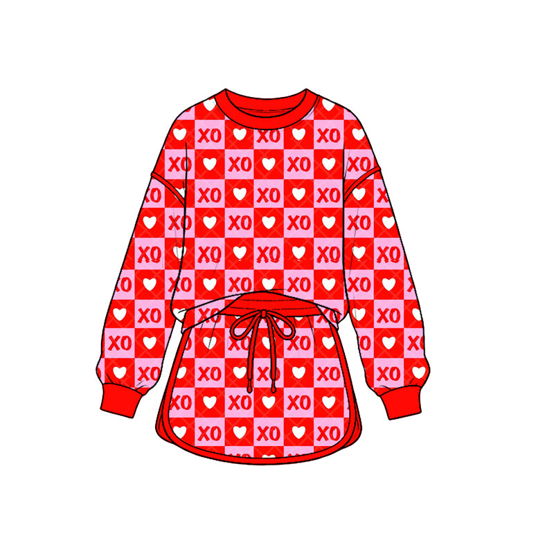 (Preorder new) No moq Baby Girls Valentines XO Heart Checkered Print Outfit Set Red Pink Plaid Heart Hoodie Ruffle Flare Pants Ruffle Sleeve Top Skirt Matching Valentines Clothes