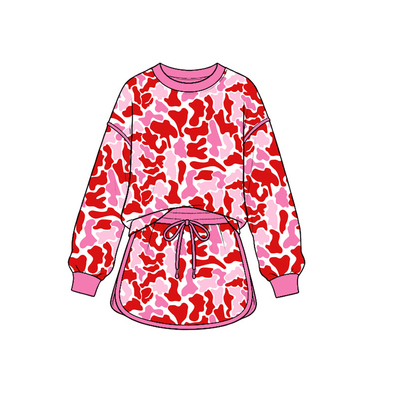 (Preorder new) No moq Baby Girls Valentines Heart Camo Print Outfit Set Red Pink Heart Camouflage Hoodie Ruffle Flare Pants Ruffle Sleeve Top Skirt Matching Valentines Clothes
