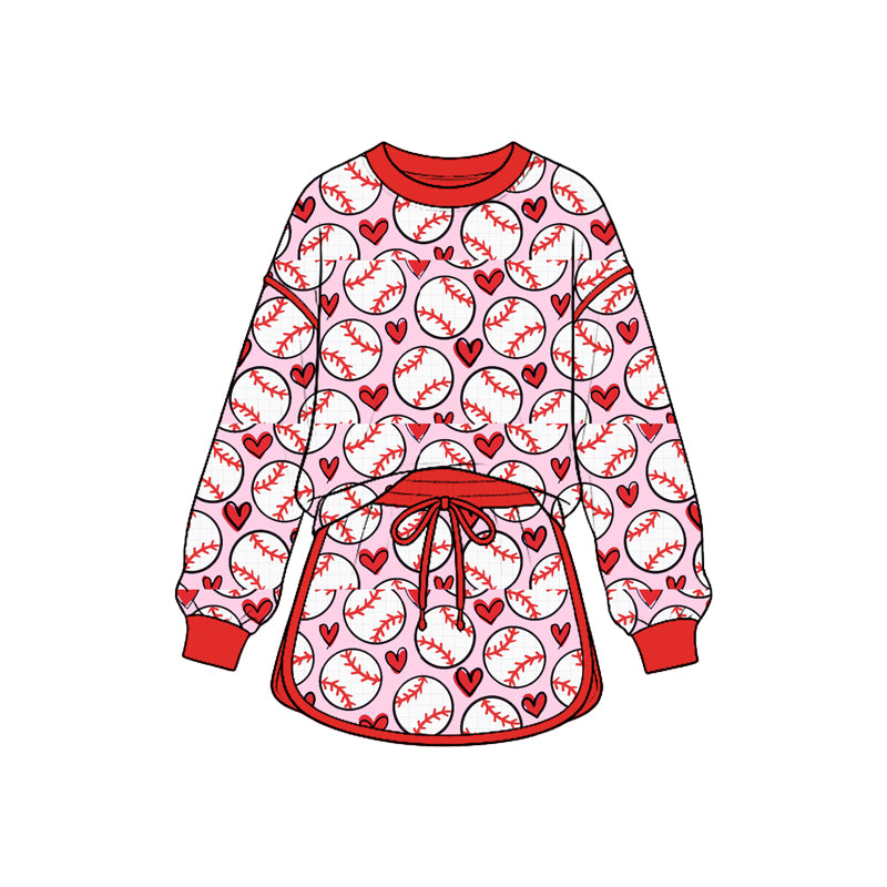 (Preorder new) No moq Baby Girls Baseball Heart Print Hoodie Flare Pant Ruffle Top Skirted Long Sleeve Set