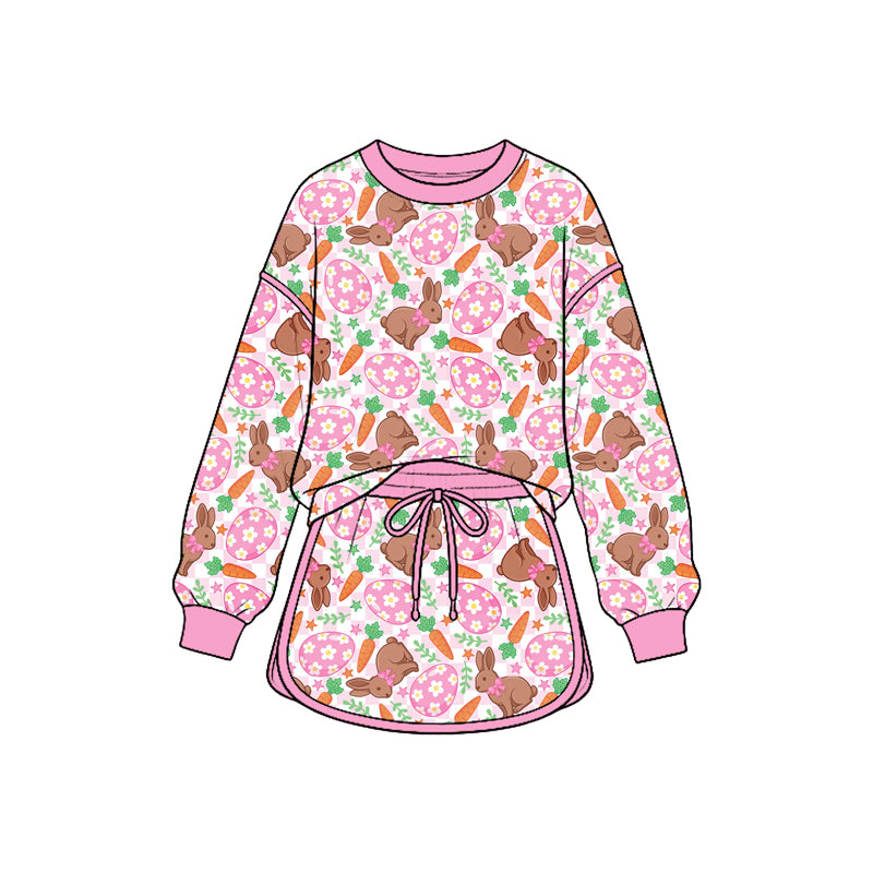 (Preorder new) No moq Baby Girls Easter Bunny Carrot Floral Print Outfit Hoodie Flare Pant Ruffle Top Skirt Long Sleeve Set
