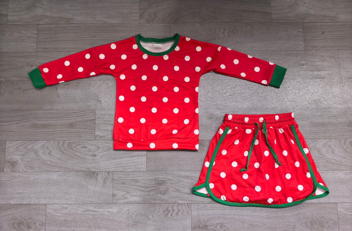 (Sample) No moq milk silk GLD1832  Baby Girls Red White Polka Dot Christmas Green Trim Long Sleeve Top Skort Set