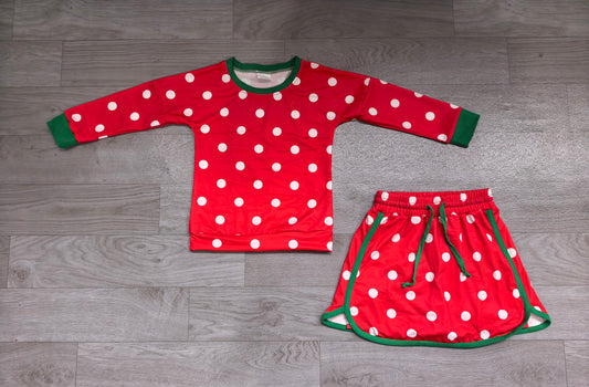 (Sample) No moq milk silk GLD1832  Baby Girls Red White Polka Dot Christmas Green Trim Long Sleeve Top Skort Set