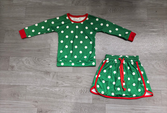 (Sample) No moq milk silk GLD1833 Baby Girls Cute Green Polka Dots Top Skirt Short Outfit Clothes Set