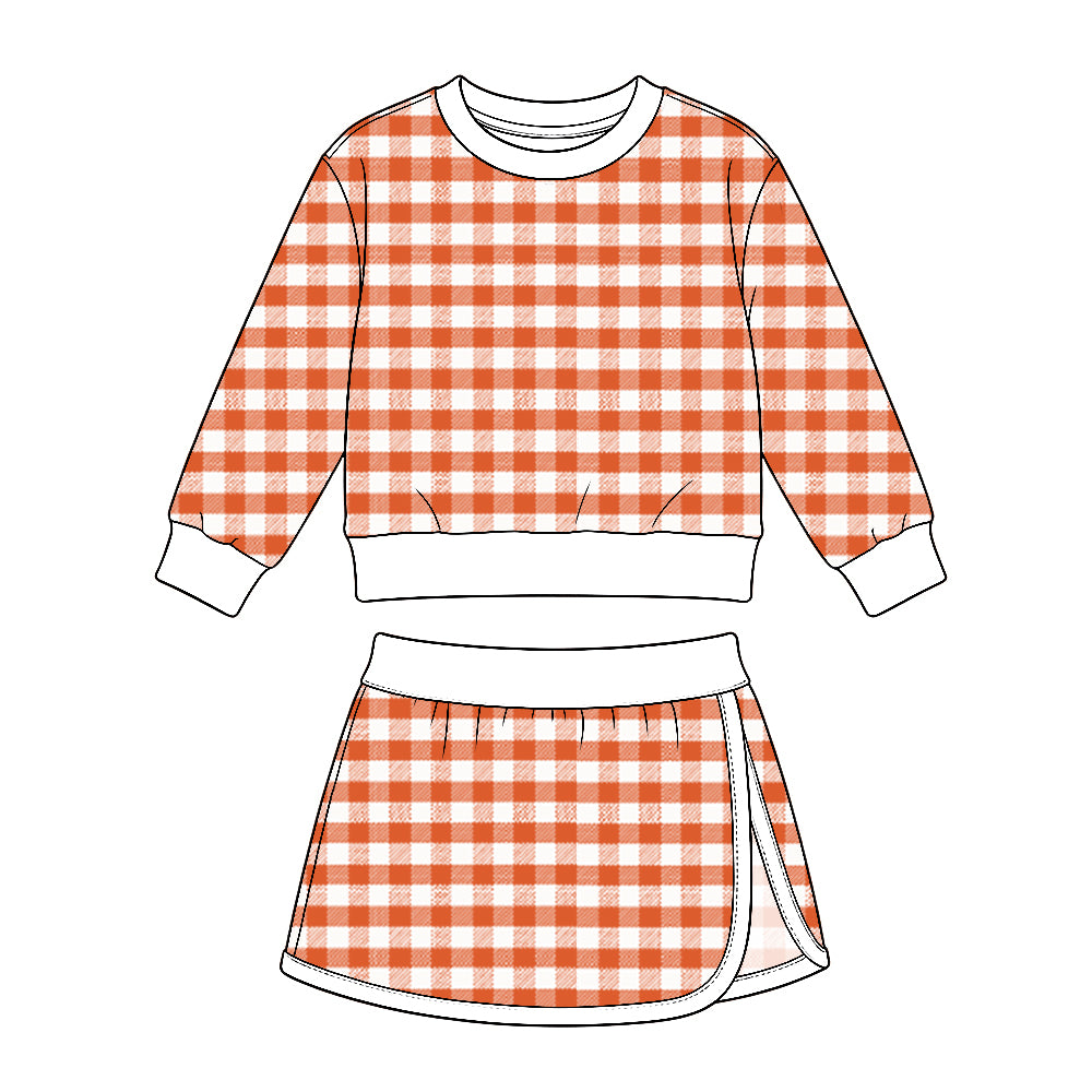 (Preorder new) No moq yoga fabric GLD1834 Baby Girls Orange Checked Shirt Top Short Skirt Yoga Set