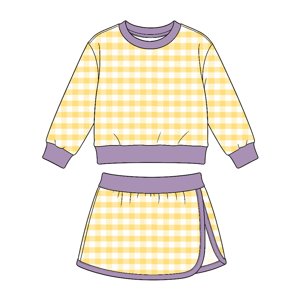 (Preorder new) No moq yoga fabric GLD1835 Baby Girls Yellow Checked Shirt Top Short Skirt Yoga Set
