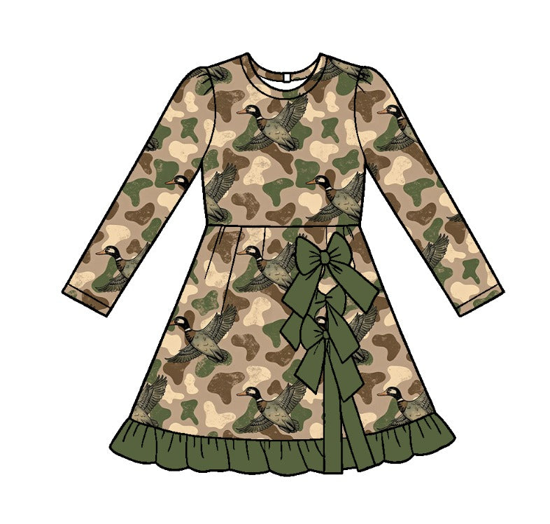 (Preorder new) No moq Baby Girls Green Camo Ducks Print Pajamas Set Yoga Short Bows Ruffle Knee Length Dress Ruffle Zipper Romper