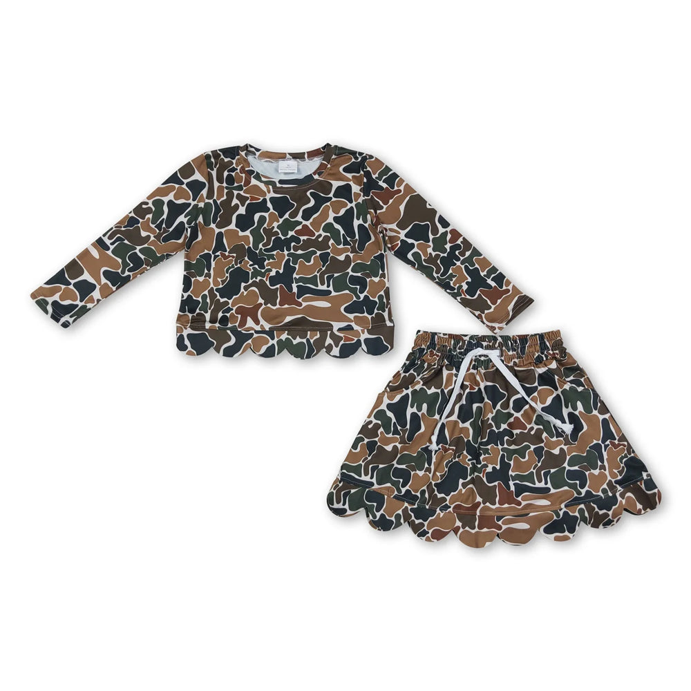 RTS NO MOQ Sibling milk silk Baby Girls Camo Print Scalloped Hem Long Sleeve Top And Skort Set