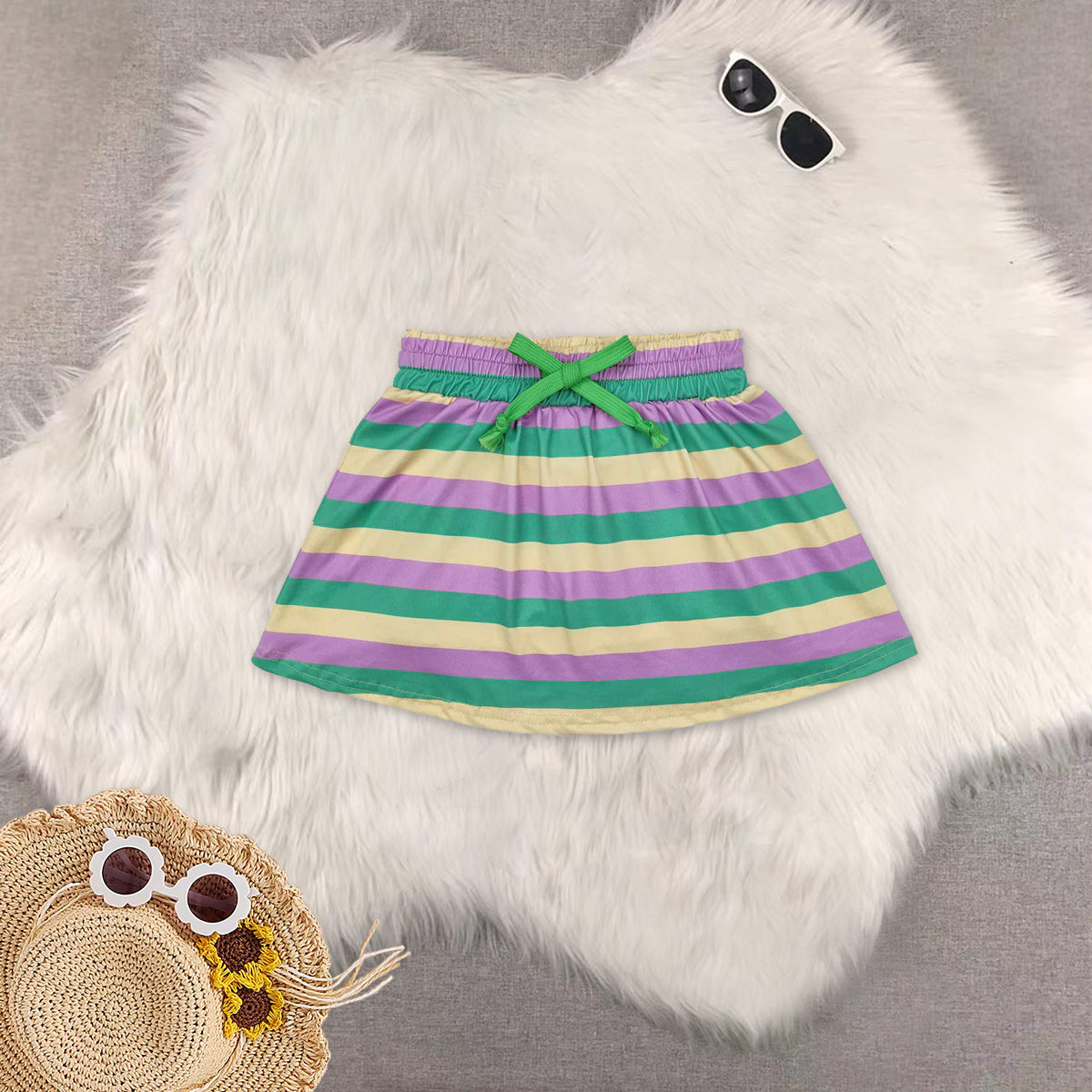 RTS NO MOQ Sibling baby girl clothes Carnival yellow green purple color matching striped culottes skirts