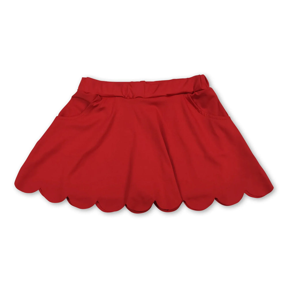 RTS NO MOQ Sibling yoga fabric cotton Baby Girls Solid Elastic Waist Pocket Scallop Hem Skirt Shorts