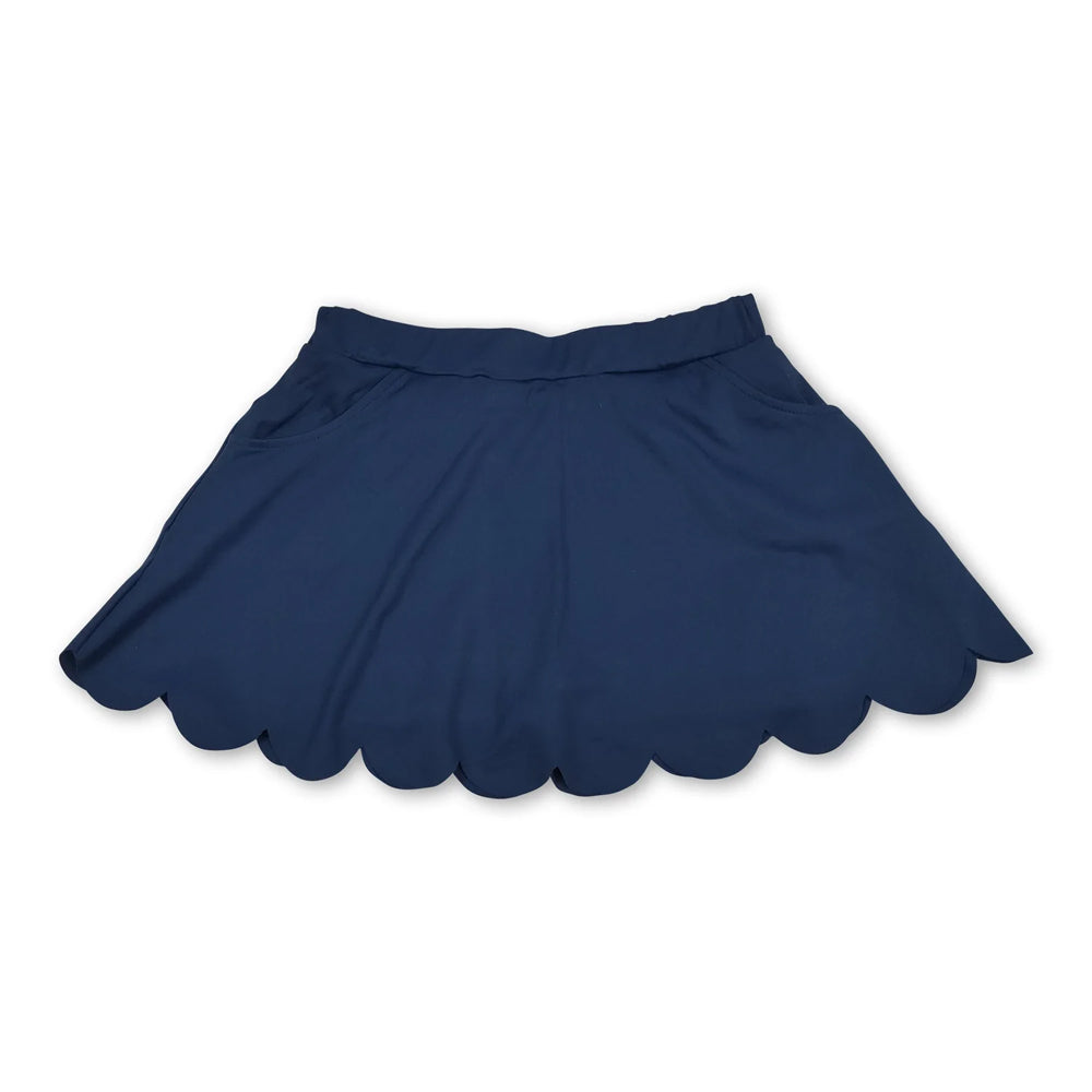 RTS NO MOQ Sibling yoga fabric cotton Baby Girls Solid Elastic Waist Pocket Scallop Hem Skirt Shorts