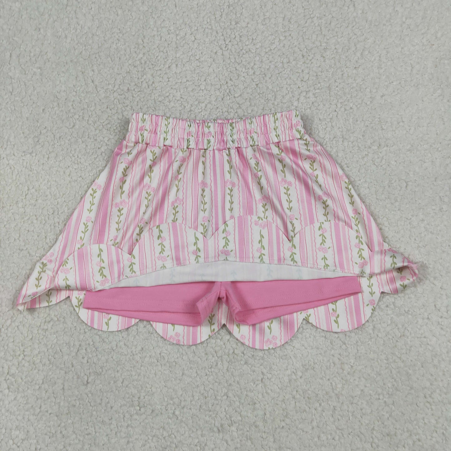RTS NO MOQ milk silk GLK0238 Baby Girls Pink Bow Floral Stripe Scallop Skort