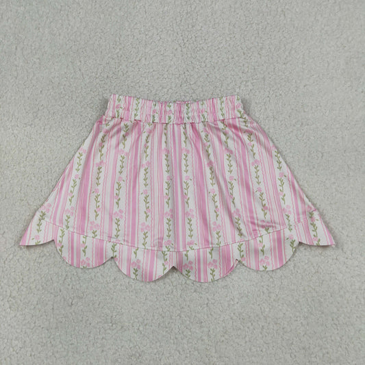 RTS NO MOQ milk silk GLK0238 Baby Girls Pink Bow Floral Stripe Scallop Skort