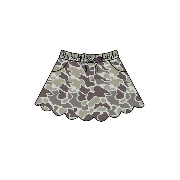 (Pre Order) No moq Baby Girls Casual Camo Short Sleeve Top Scallop Pockets Skirt Shorts Bottom Sets