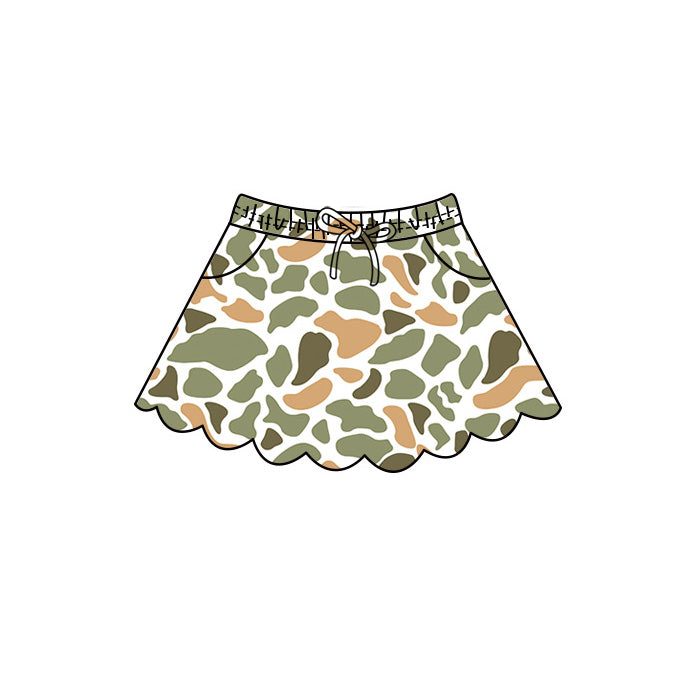 (Pre Order) No moq Baby Girls Casual Camo Long Sleeve Top Scallop Pockets Skirt Shorts Bottom Sets