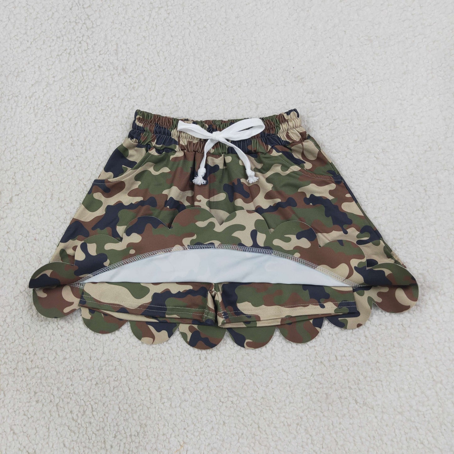 NEW RTS NO MOQ yoga fabric cotton GLK0303 Baby Girls Southern Green Camo Scallop Pockets Skirt Shorts Bottom