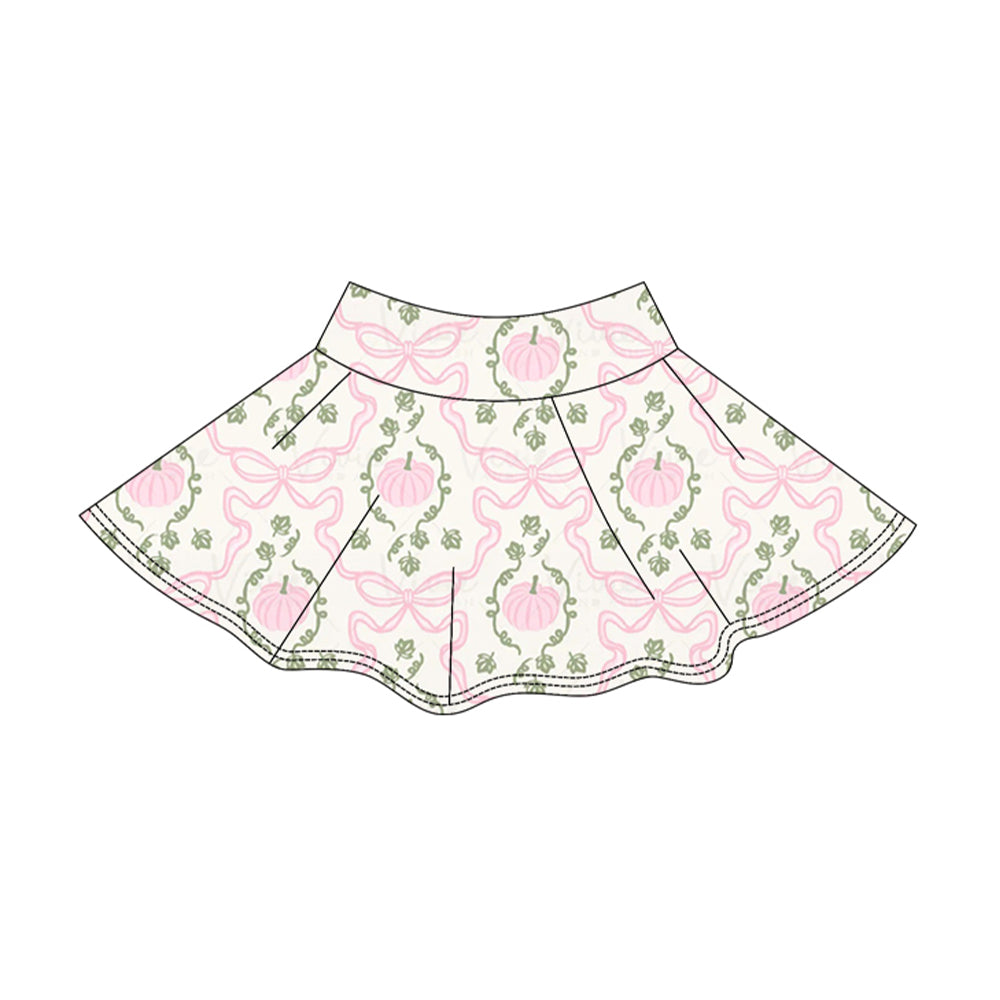 (Pre Order) No moq yoga fabric Baby Girls Pumpkin Bow Printed Halloween Long Sleeve Top Short Skirt Active Wear Set