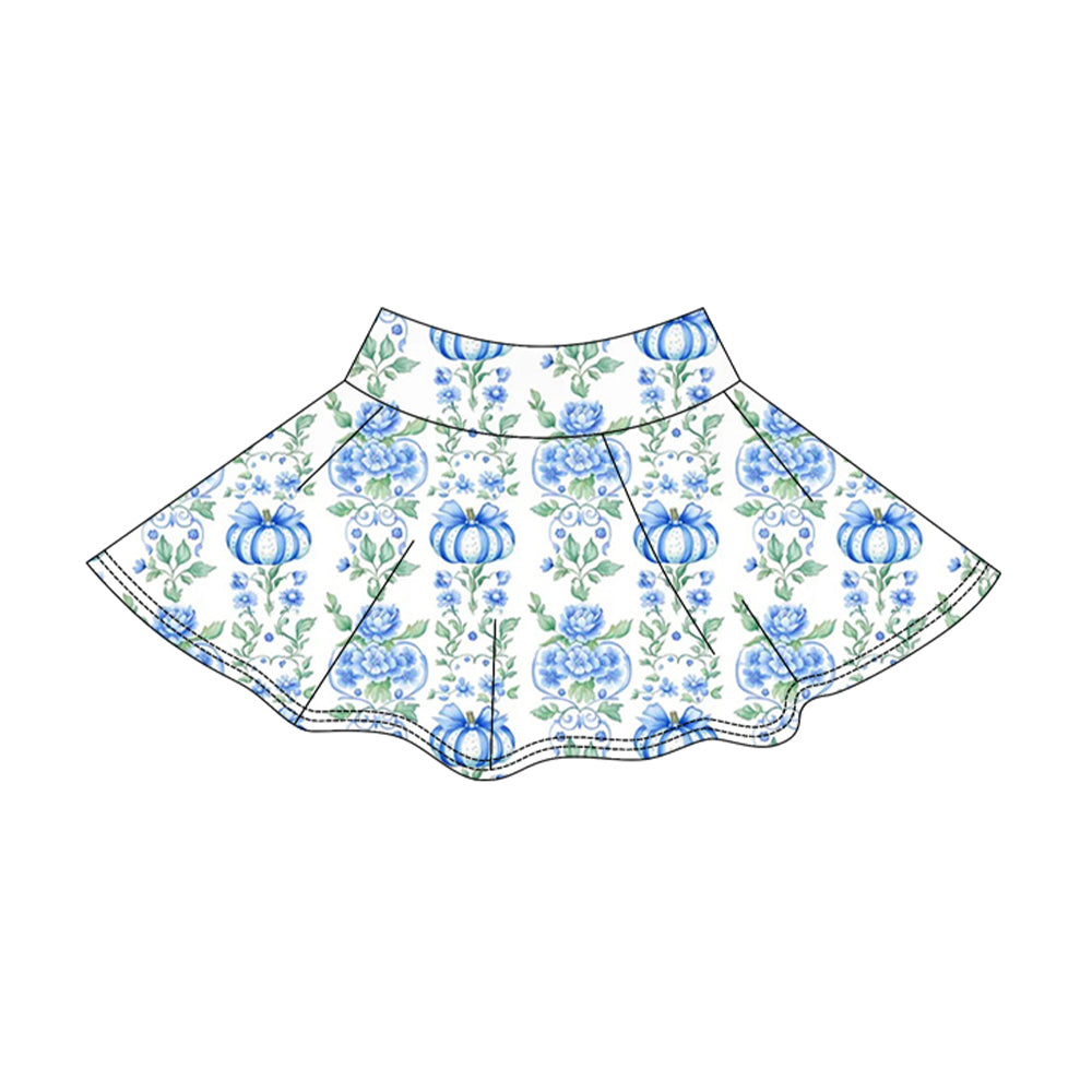 (Pre Order) No moq yoga fabric Baby Girls Pumpkin Bow Printed Halloween Long Sleeve Top Short Skirt Active Wear Set