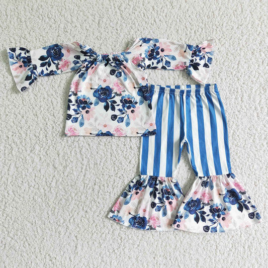 RTS NO MOQ（In Stock ) Girls floral long sleeve blue and white striped pants suit