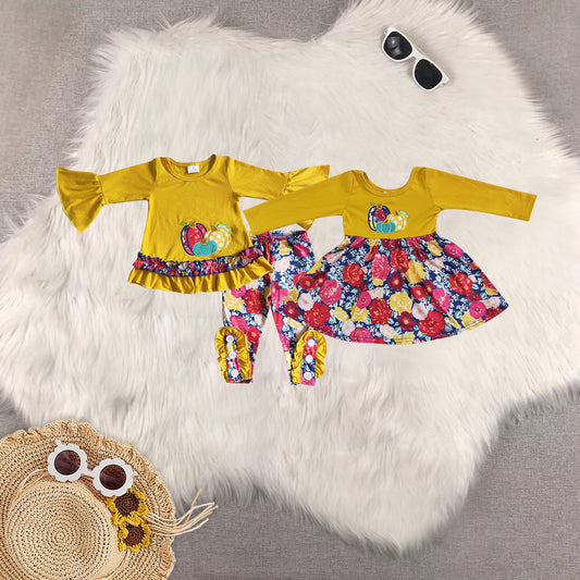 RTS NO MOQ Sibling baby girls clothes embroidery halloween long-sleeved trousers suit & dress
