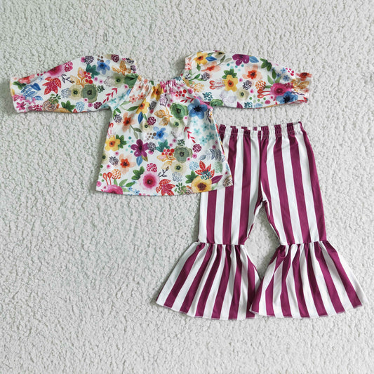 RTS NO MOQ（In Stock ) Girls Floral Long Sleeve Purple Striped Pants Suit