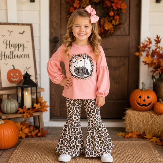 RTS NO MOQ GLP0017 Halloween Ghost Leopard Pumpkin Long Sleeve Pants Set